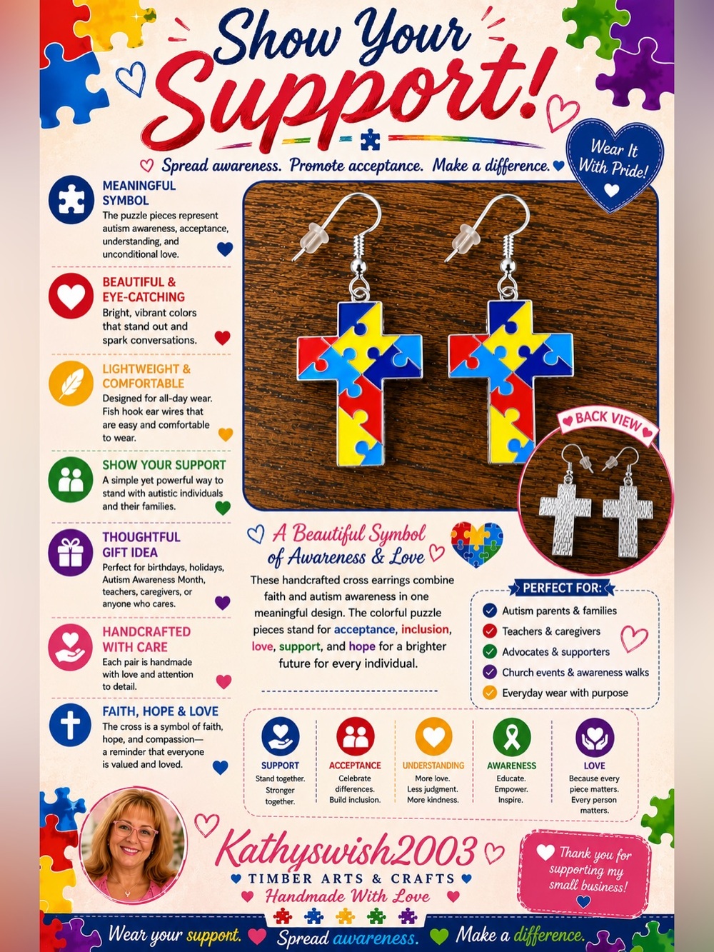 Autism Awareness Cross Puzzle Earrings - Picture 6 of 16